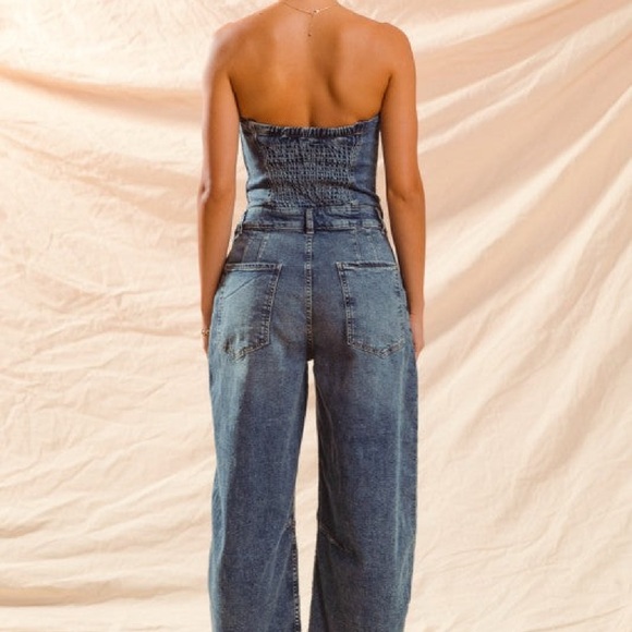 Women's Blue Denim Strapless Jumpsuit - Picture 2 of 3